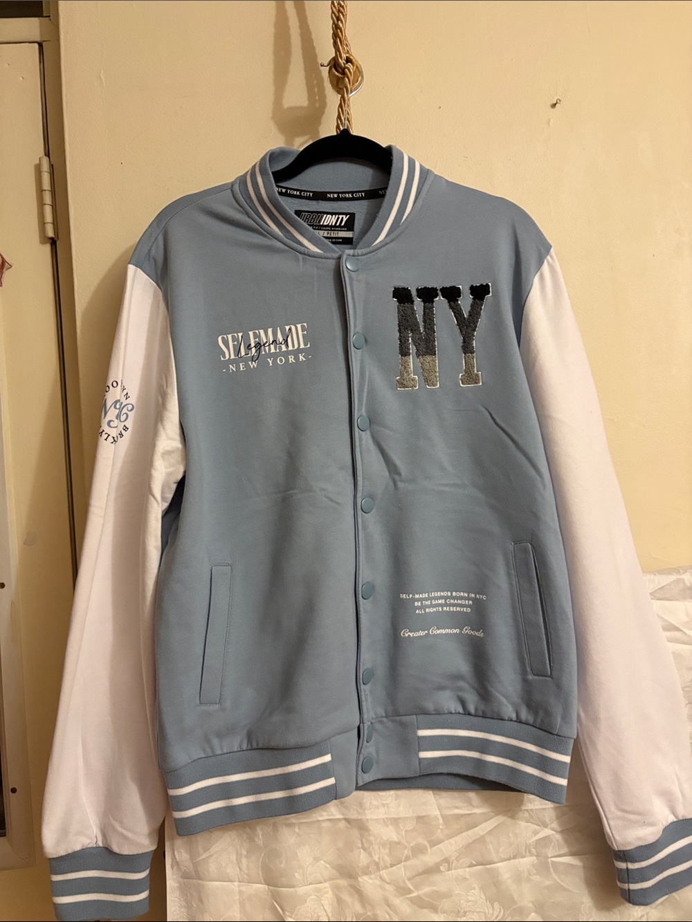 NY Light Blue and White Varsity Jacket